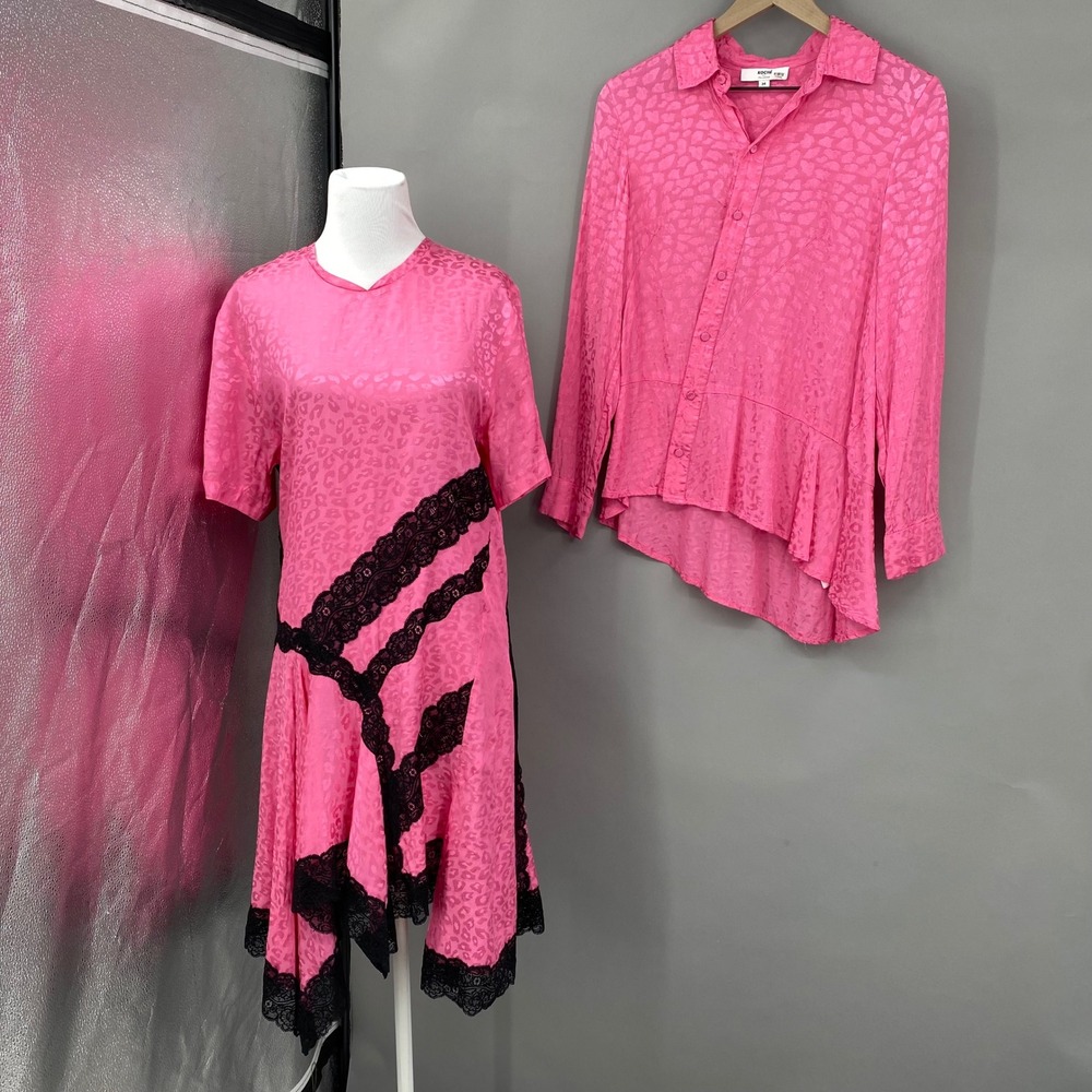 Koche Collective Pink Leopard Jacquard 2 Piece Set Dress and Blouse Womens 34 36